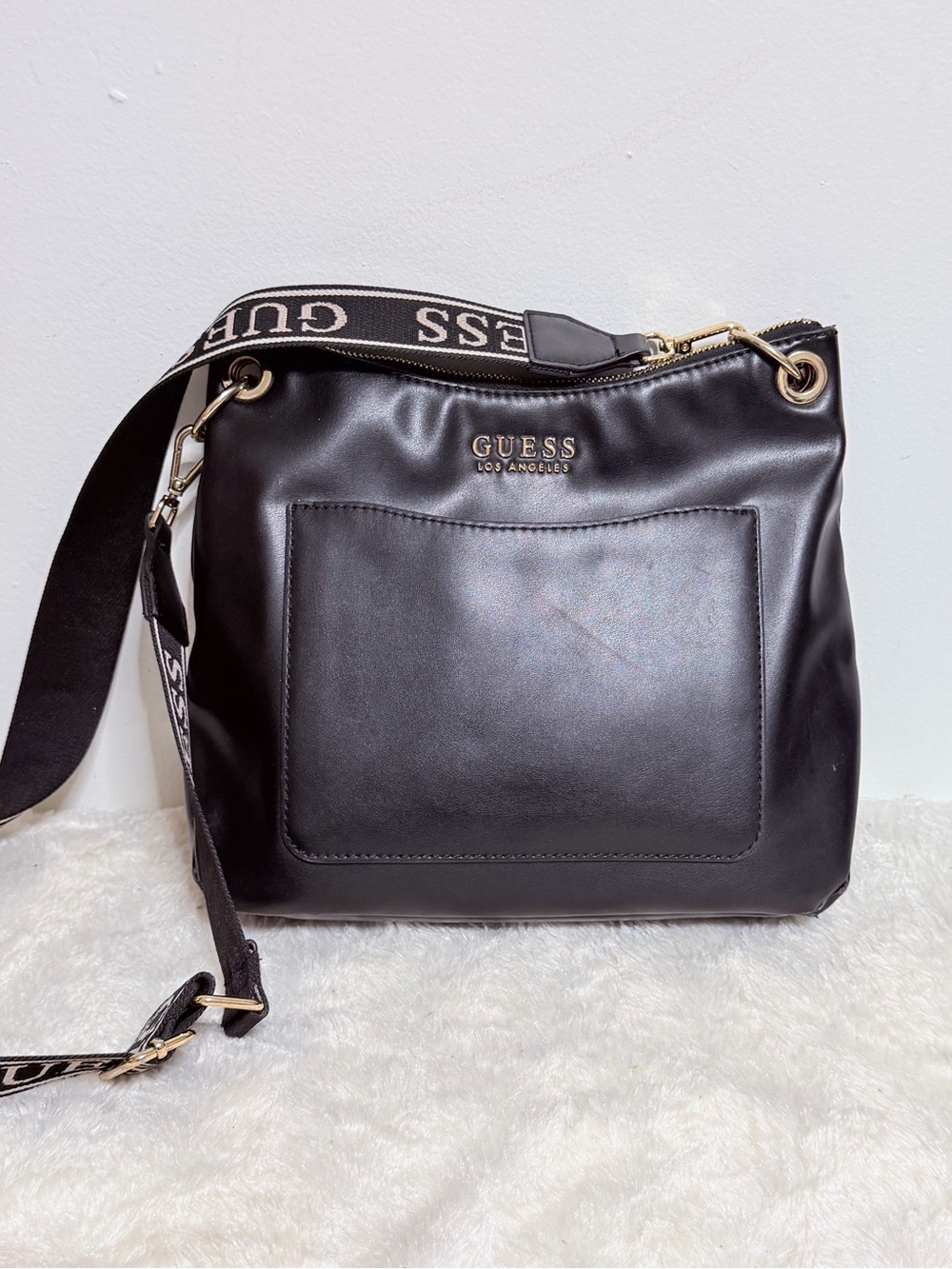 GUESS Black Shoulder Crossbody Bag with Branded Strap and Gold Hardware